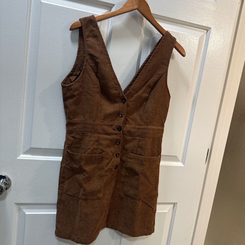 SHEIN Tan Corduroy V-Neck Mini Dress